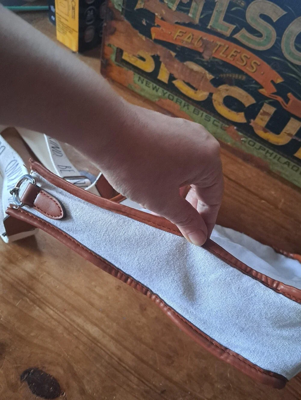 BE KIND Rae Dunn Crossbody Shoulder Bag Off White Canvas Tote Brown Trim
